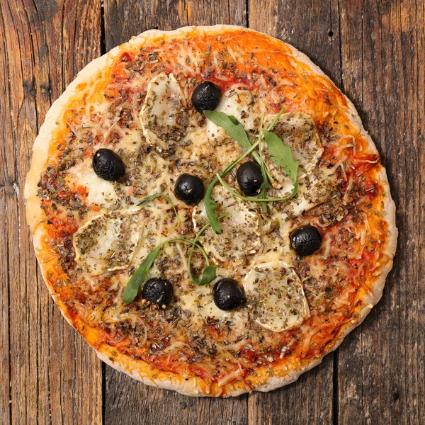 Pizza Clássica Fundo Madeira Vista Superior — Fotografia de Stock