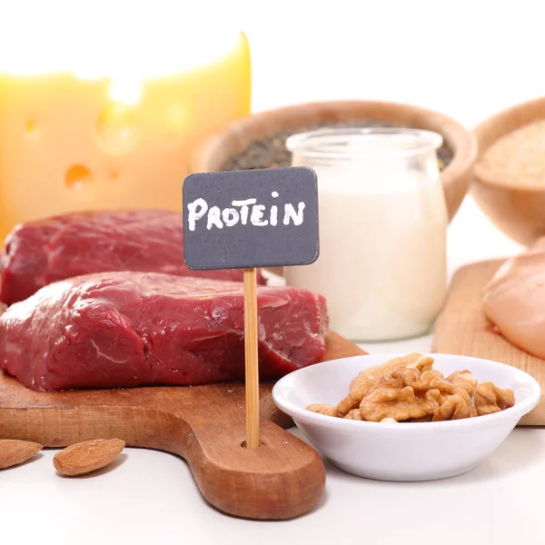 Urval Livsmedel Med Hög Proteinhalt Närbild — Stockfoto