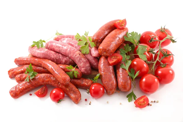 Assorted Raw Sausages Barbecue Isolated White Background — Stock Photo, Image