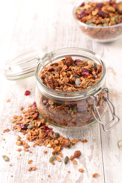 granola with nut and dried fruit close up shot