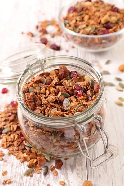 Granola Com Noz Frutos Secos Close Shot — Fotografia de Stock