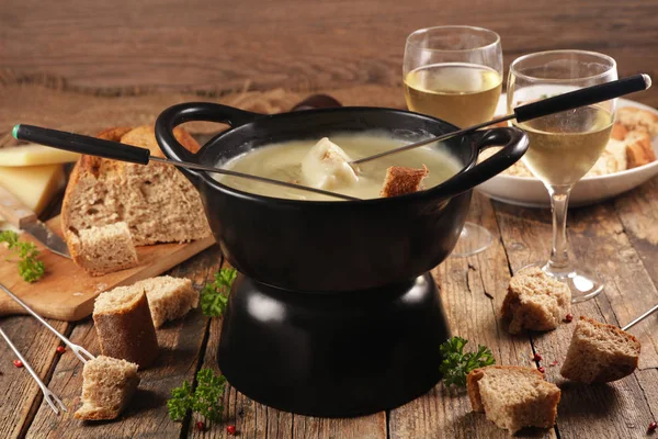 Cheese Fondue Baguette White Wine — Stock Photo, Image