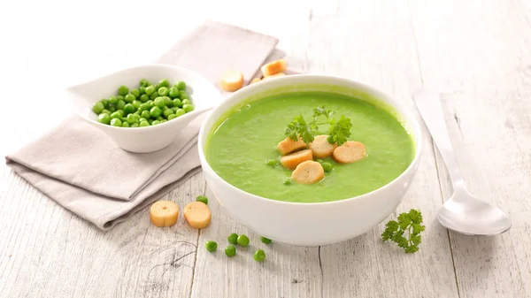 Miska Zielonej Zupy Warzywnej Grzanki — Zdjęcie stockowe
