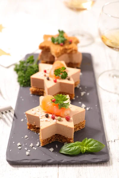 Festive Canape Gingerbread Cake Foie Gras Salmon — Stock Photo, Image