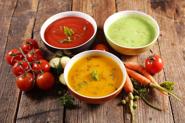 Zupa Warzywna Zupa Marchewkowa Zupa Pomidorowa Zupa Cukiniowa — Zdjęcie stockowe