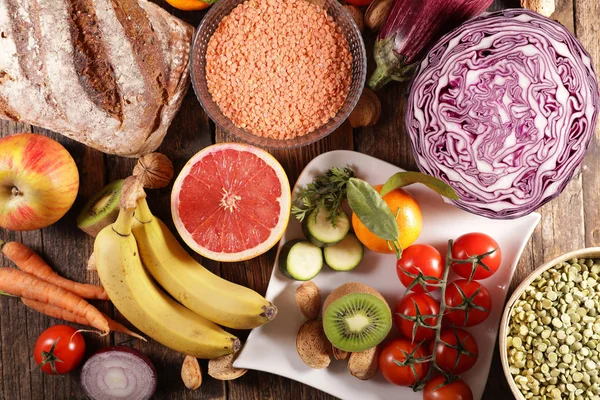 Conceito Alimentação Saudável Com Frutas Vegetais Cereais — Fotografia de Stock