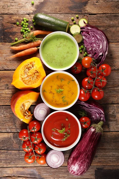 Surtido Sopa Verduras Con Ingrediente Vista Superior Fondo Madera —  Fotos de Stock