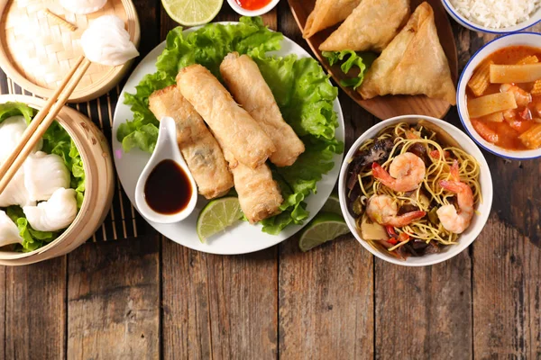 Assorted Asian Food Spring Roll Soup Shrimp Rice — Stock Photo, Image