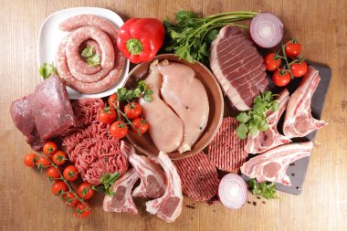 assorted of raw meats, beef- pork- veal- lamb clipart