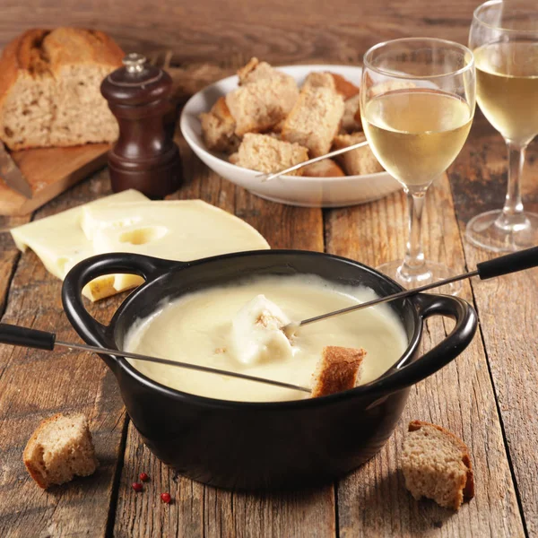 Cheese Fondue Fondue Cheese Wine Bread — Stock Photo, Image
