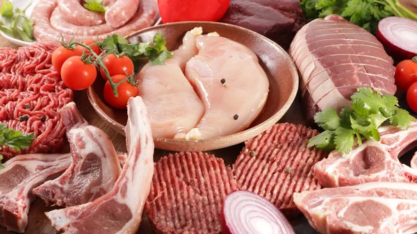 Surtido Carnes Crudas Carne Res Cerdo Ternera Cordero — Foto de Stock