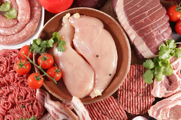 Surtido Carnes Crudas Carne Res Cerdo Ternera Cordero — Foto de Stock