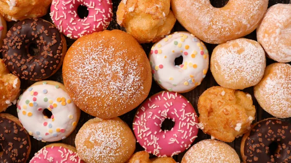 Sammlung Von Donut Mit Verschiedenen Zuckerguss Draufsicht — Stockfoto