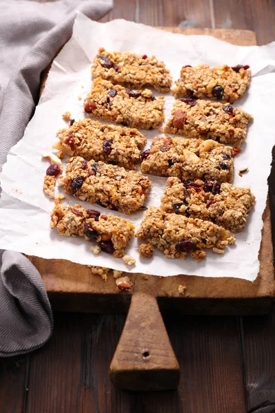 Homemade Granola Bar Nuts Cranberry Cereal Wooden Board — Stock Photo, Image