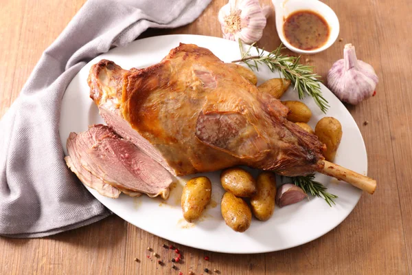 Roasted Lamb Leg Potatoes — Stock Photo, Image