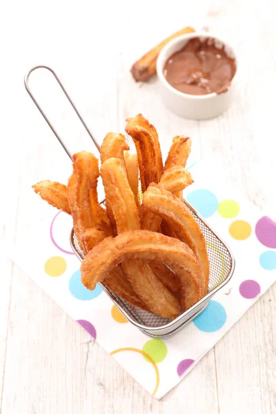 Fried Churros Chocolate Sauce — Stock Photo, Image