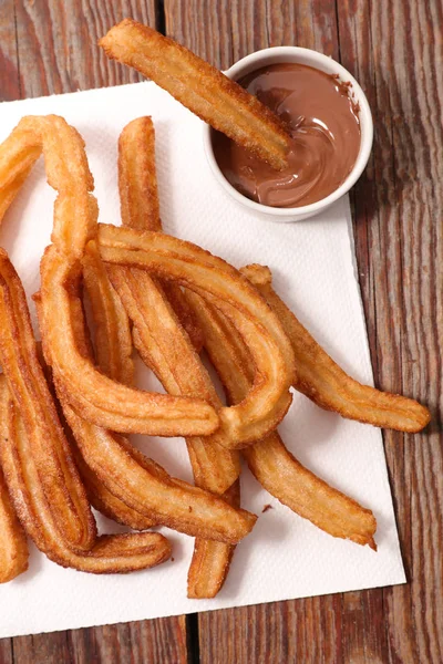 Fried Churros Chocolate Sauce — Stock Photo, Image