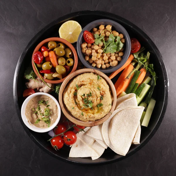 Hummus Dipping Sauce Olive Pita Bread — Stock Photo, Image