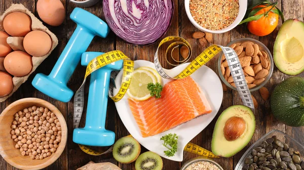 Health Food Assortment Healthy Lifestyle Salmon Egg Fruit Vegetable — Stock Photo, Image