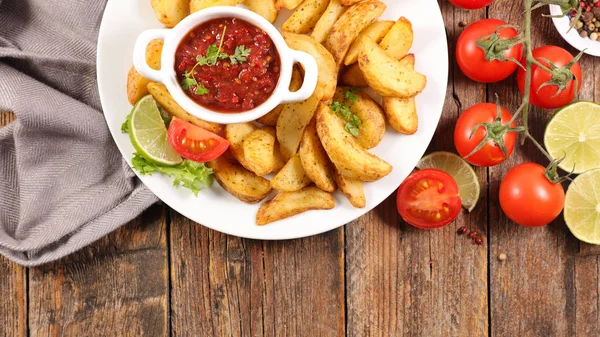 Fried Potato Tomato Sauce Top View — 스톡 사진