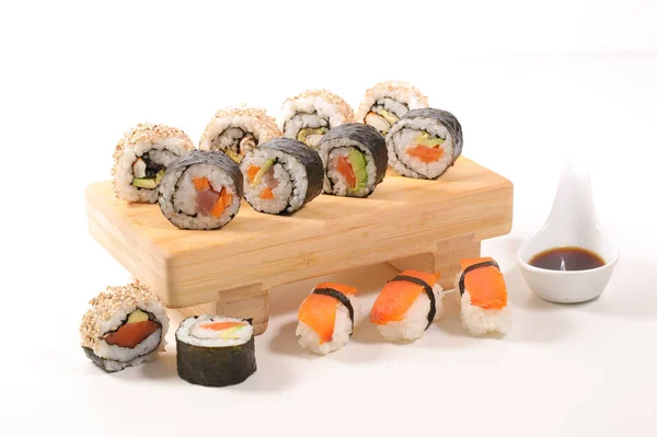 Assorted Maki Sushi Rolls Salmon Shrimp Avocado Japanese Sushi Food — Stock Photo, Image