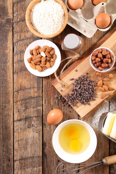 Backzutat Mit Butter Mehl Schokoladenkuchen Zutatenrezept — Stockfoto