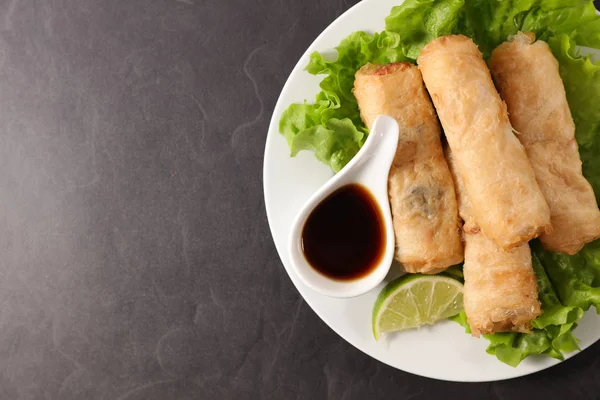 Spring Roll Soy Sauce Plate — Stock Photo, Image