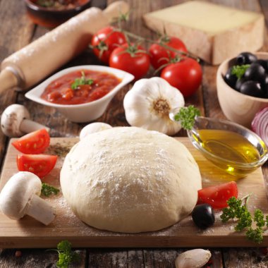 raw dough pizza with oil, tomato, olive, mushroom and cheese clipart
