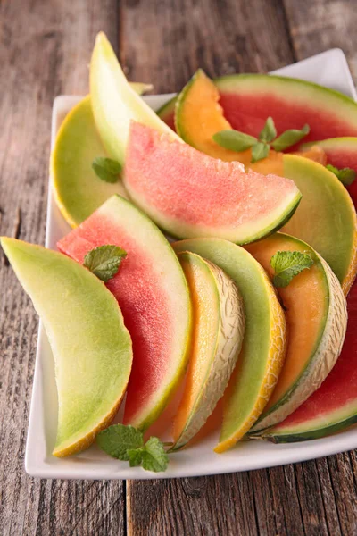Melon Watermelon Slices Mint — Stock Photo, Image