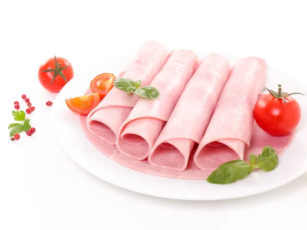 Ham Rolled Basil Tomato White Background — Stock Photo, Image