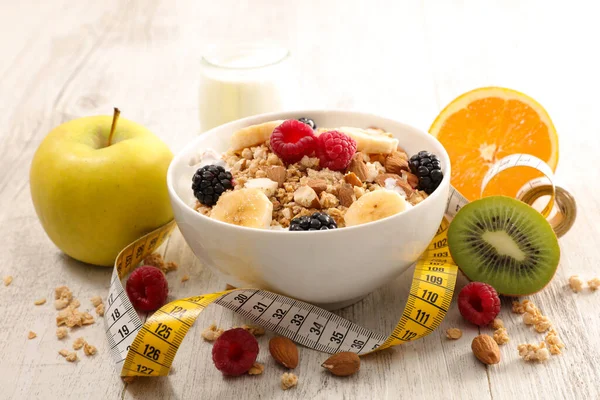 Zdrowe Śniadanie Muesli Owocami Mlekiem — Zdjęcie stockowe