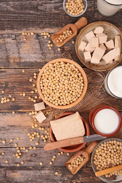 Soybeans Soy Milk Soymeat Tofu Assortment — Stock Photo, Image