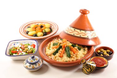 morrocan dish- couscous, tagine, olive, salad clipart