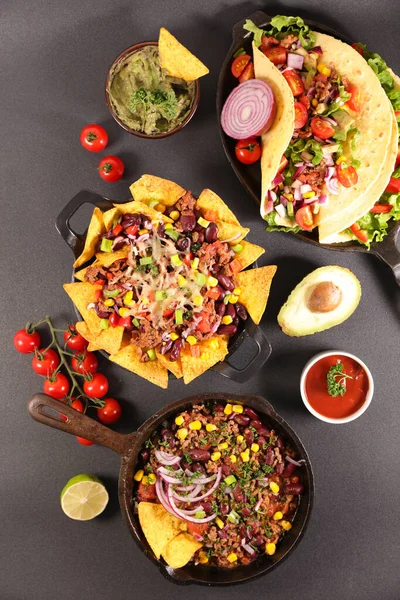 Surtido Platos Mexicanos Fajita Nachos Chile Con Carne —  Fotos de Stock