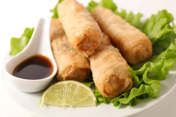 Fried Spring Roll Soy Sauce Lettuce — Stock Photo, Image