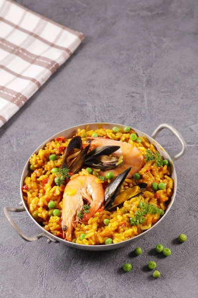 Paella Shrimp Musshel Rice Pea — Stock Photo, Image
