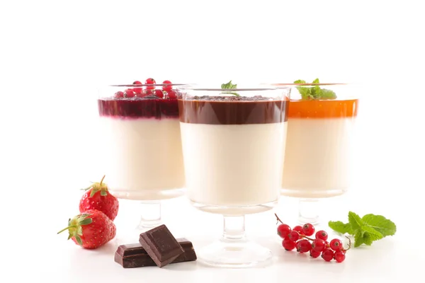 Panna Cotta Apricot Jelly Berry Fruit Jelly Chocolate Sauce Isolated — Stock Photo, Image