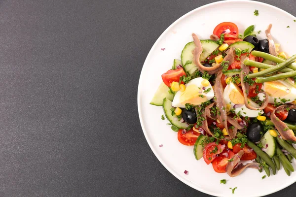 Vegetable Salad Egg Cucumber Tomato Olive Anchovy — Stock Photo, Image