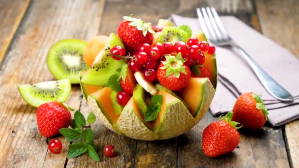 Fruit Salad Melon Bowl Berry Fruit Kiwi Banana — Stock Video