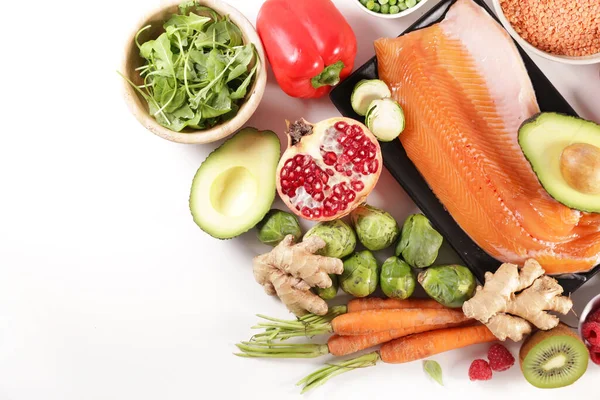Wybór Zdrowej Żywności Rybami Owocami Warzywami — Zdjęcie stockowe