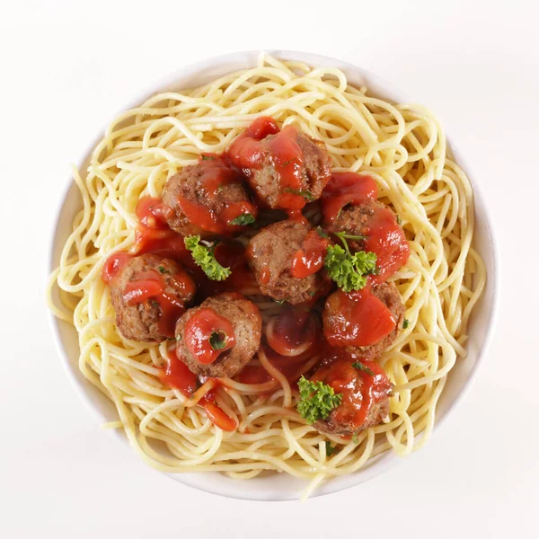 Espaguetis Con Albóndigas Salsa Tomate — Foto de Stock