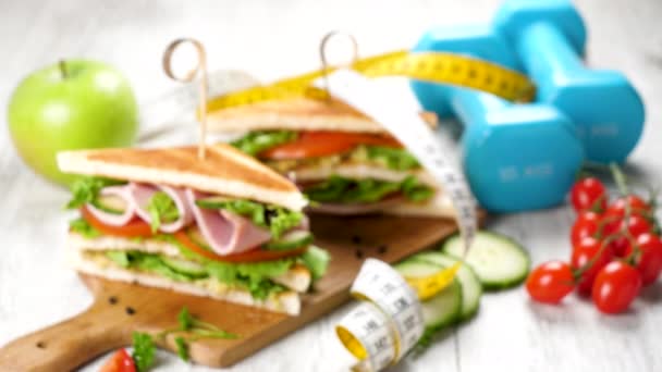 Alimentos Saludables Desintoxicación Bocadillo Dieta Con Carne Verduras Mancuerna — Vídeos de Stock