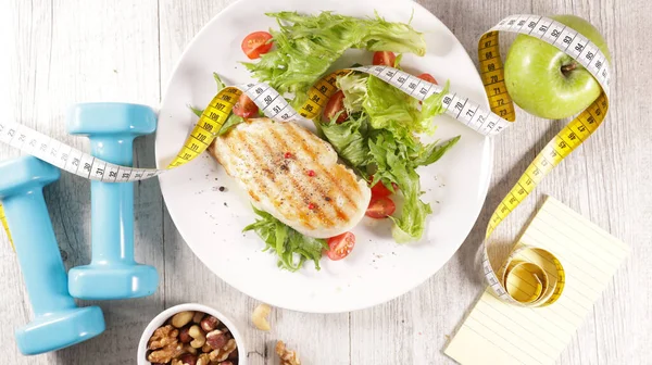 Grilled Chicken Fillet Salad Dumbbell Meter Tape Diet Food Concept — Stock Photo, Image