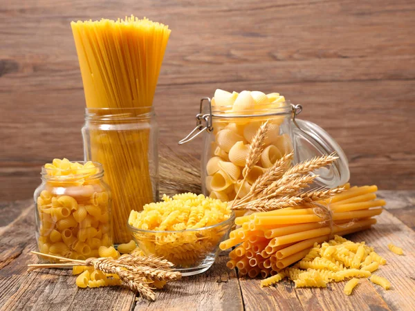 Assorted Raw Pasta Wood Background — Stock Photo, Image