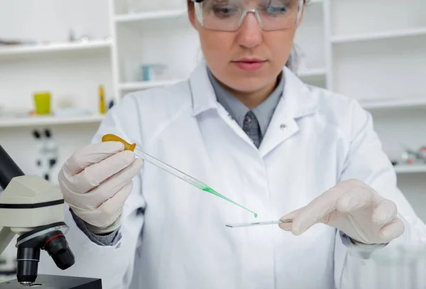 Asistente de laboratorio en la calidad de los alimentos.Ensayo de cultivo celular para probar semillas modificadas genéticamente —  Fotos de Stock