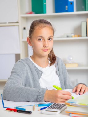 Genç kız sınavlarına hazırlanıyor. Genç kız okul için ödev.