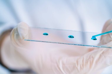 laboratuvar mikroskop mikroskop ile kadında slayt el.