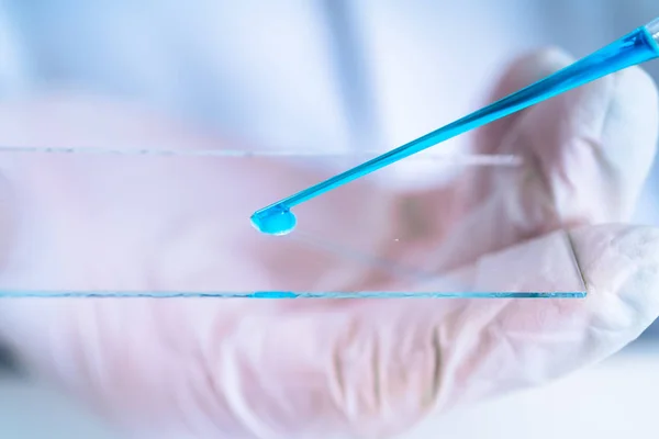 Mulher em um microscópio de laboratório com lâmina de microscópio na mão . — Fotografia de Stock