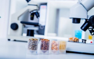Yiyecek Tedarik Kimya Laboratuvarı. Laboratuvarda yiyecek, DNA modifiye edildi. Laboratuvarda genetik olarak değiştirilmiş gıdalar. 