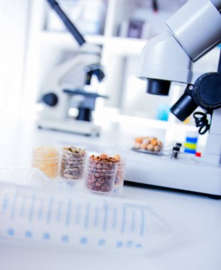 Yiyecek Tedarik Kimya Laboratuvarı. Laboratuvarda yiyecek, DNA modifiye edildi. Laboratuvarda genetik olarak değiştirilmiş gıdalar. 